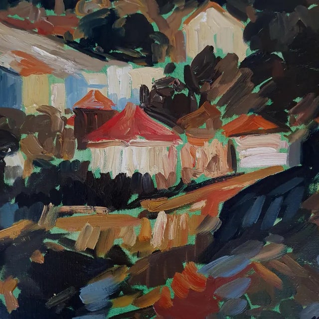 Mid Century Modernist Hillside Village Oil Painting by y.b. Lorenz For Sale - Image 10 of 18