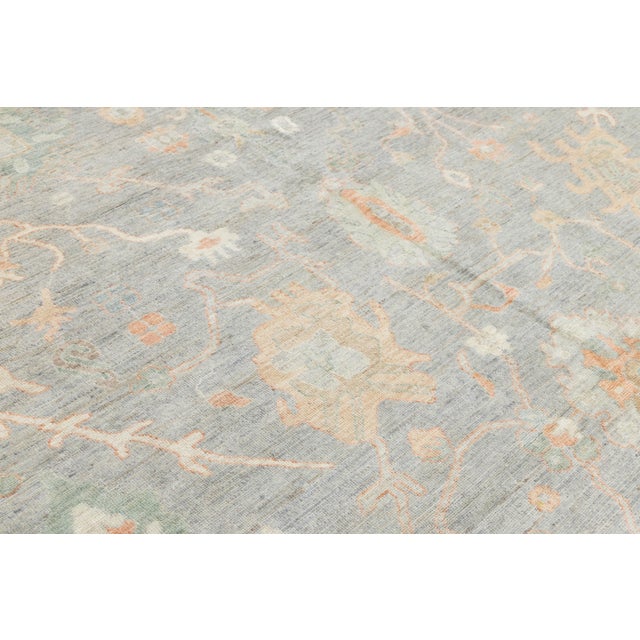 Textile 12x15 Hand-Knotted Modern Oushak Style Wool Area Rug – Muted Sage Floral Design For Sale - Image 7 of 10