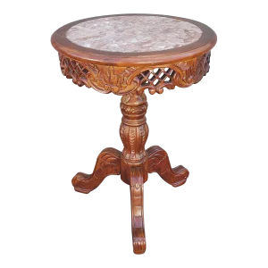 Victorian Style Carved Fruitwood and Marble Inset Pedestal Side Table