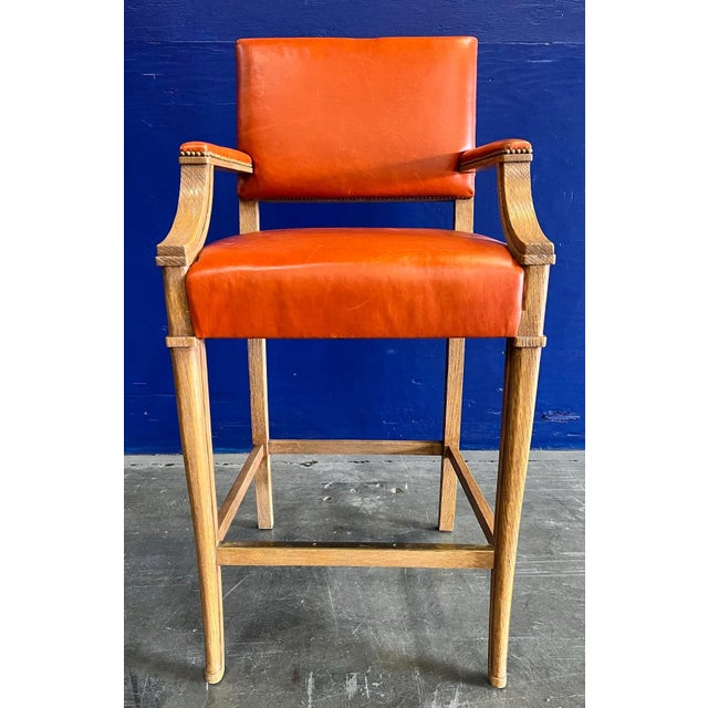 2000 - 2009 Jerry Pair Leather Upholstered & Rift Oak Lair Barstool From the Madeline Stuart Collection For Sale - Image 5 of 12