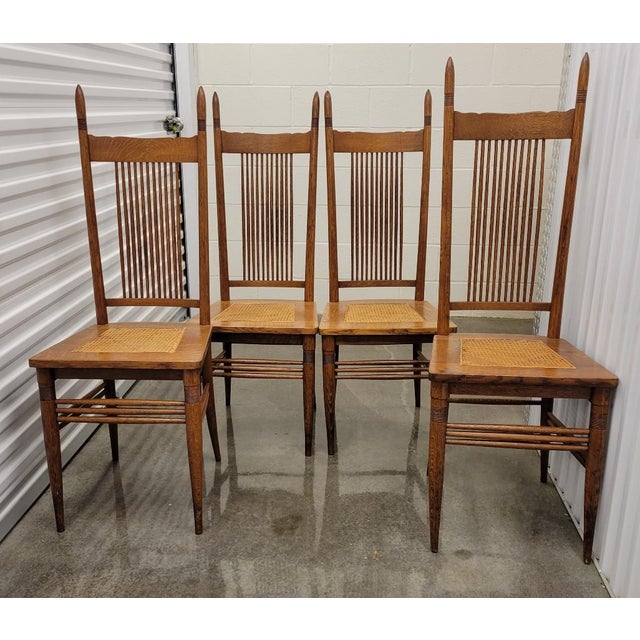 Antique Tiger Oak High Backed With Tall Finials Dining Chairs Set of