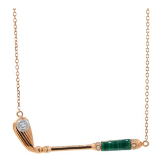 Diamond Malachite Golf Club Birdie Charm 18 Karat Yellow Gold Necklace Pendant For Sale