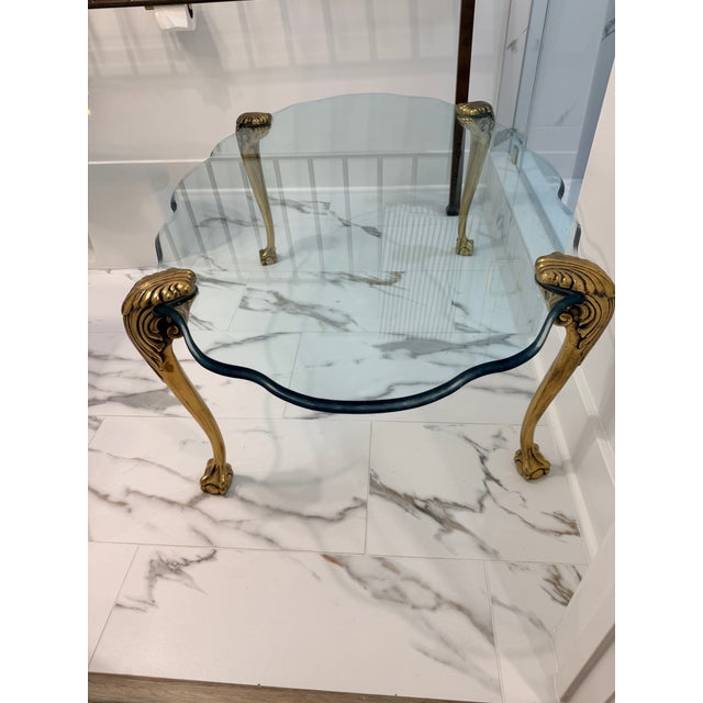 Transparent Vintage P. E. Guerin Style Glass Coffee Table With Brass Legs For Sale - Image 8 of 10