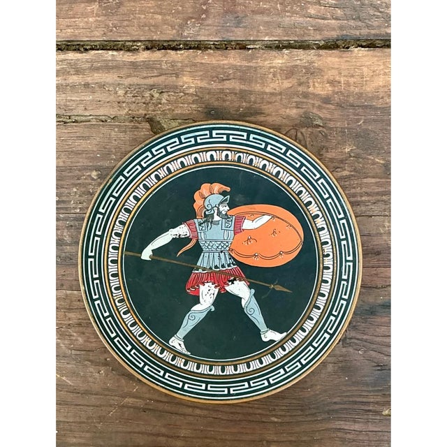 Vintage Painted Metal Plate With Greek Warrior For Sale - Image 4 of 12