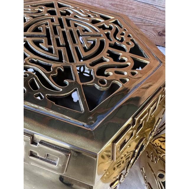 1970s 1970’s Asian Chinoiserie Regency Brass Hexagonal Pierced Garden Stools-Pair For Sale - Image 5 of 11