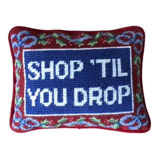 Vintage "Shop 'Til You Drop" Needlepoint Embroidered Velvet Pillow For Sale