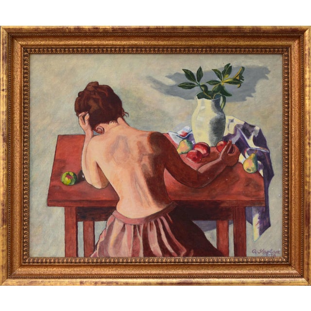 Terra Cotta Vintage Post Impressionist Painting of a Partial Nude Woman at a Table With Still Life For Sale - Image 8 of 8