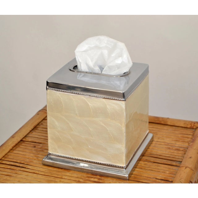 Mid-Century Modern Vintage Capiz Shell Nickel Tissue Box Holder Boutique Box Tissue Paper Holder For Sale - Image 3 of 12