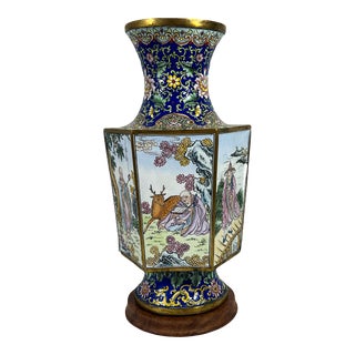 Late Republic Period Chinese Enamel on Brass 'Immortals' Vase, Hexagonal Form With Teak Stand For Sale