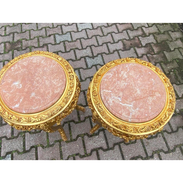 French 1980s French Louis XVI Gold Beech Marble Side Tables - Pair of 2 Pc For Sale - Image 3 of 9