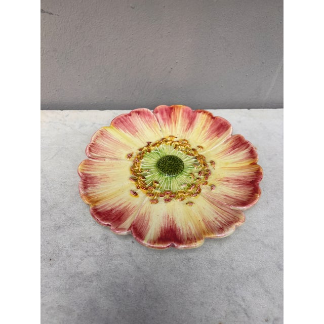 French Majolica pink flower plate Delphin Massier, circa 1890.