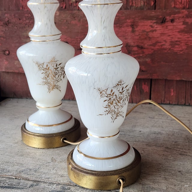 Vintage French Pair of Handcrafted White & Gold Floral Design Table Lamps 13" Tall For Sale - Image 14 of 18