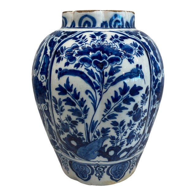 Late 18th Century Dutch Delft Blue and White Hand-Painted Baluster Vase For Sale