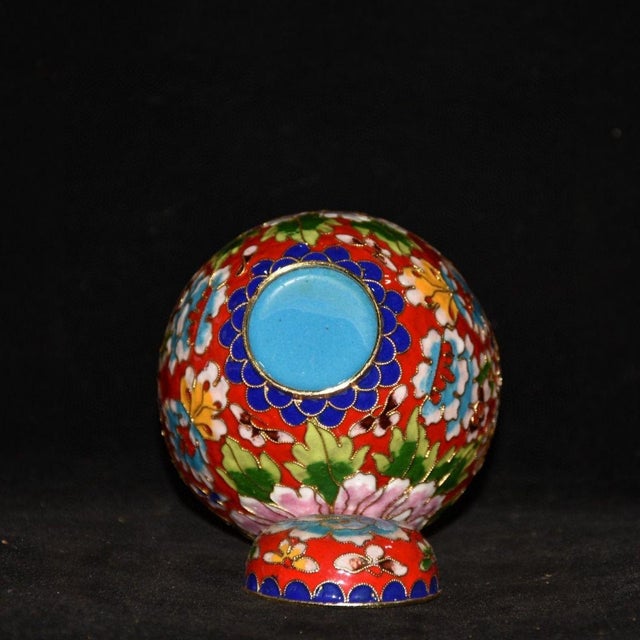 Asian Cloisonné Enamel Small Melon Ginger Jar With Peony Motif and Lid For Sale - Image 3 of 9