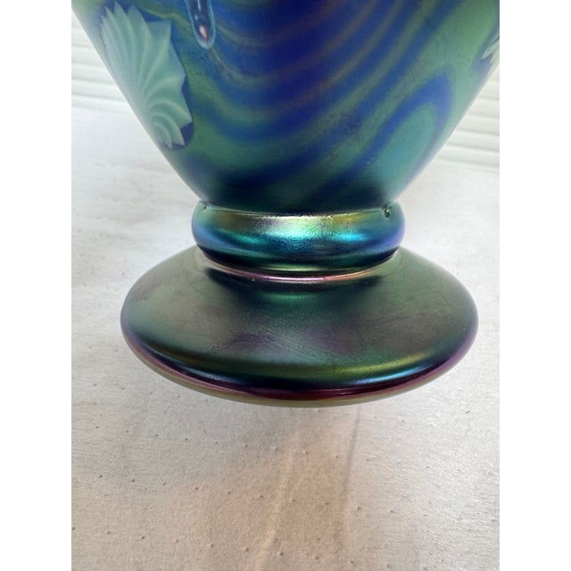 Orient & Flume Floral Blue Art Glass Vase, Signed For Sale - Image 11 of 12