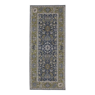 Green & Navy Handwoven Turkish Oushak Runner 2'8" X 6'4" For Sale