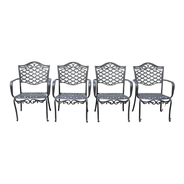 Tuscan Mediterranean Black Aluminum Metal Garden Patio Dining Chair - Set of 4 For Sale