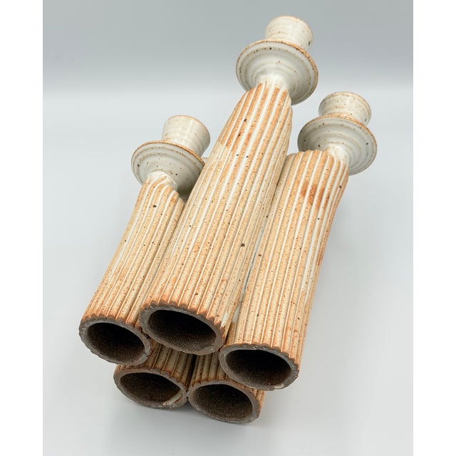 1960s Modernist Studio Pottery Speckled Ceramic Candelabra 5 Figures Candlesticks 10'' For Sale In Palm Springs - Image 6 of 7