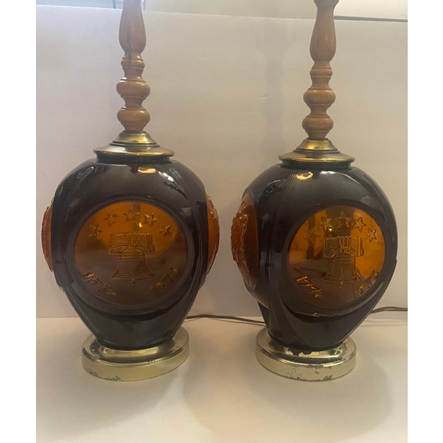 Vintage Phoenix Consolidated Light Co Amber 24” Set of Patriotic Lamps Rare - a Pair For Sale - Image 16 of 18