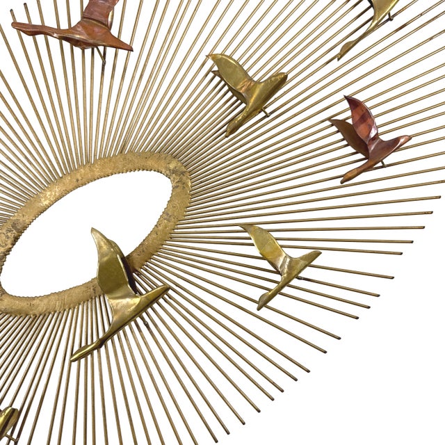 Brass Vintage 1960s Birds in Flight Wall Sculpture Starburst Brass Copper Mid-Century Modern Metal Art For Sale - Image 8 of 15