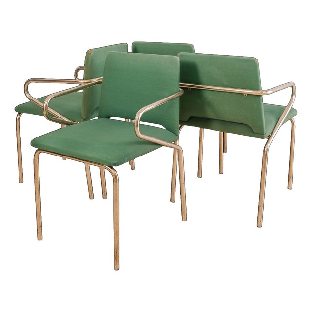 Hollywood Regency Chairs in Green Fabric and Gold Metal, 1970s, Set of 4 For Sale