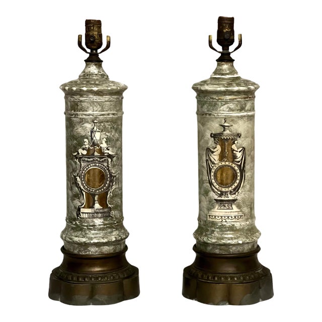 Early 1900s French Neoclassical Reverse Painted Églomisé Lamps, Pair For Sale