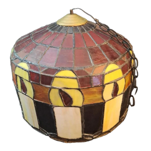 Vintage 1970s Mission Style Leaded Stained Glass Swag Pendant Lamp