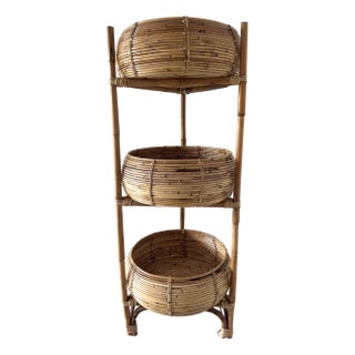 Oversized Bamboo Rattan Three Tier Bowl Display For Sale