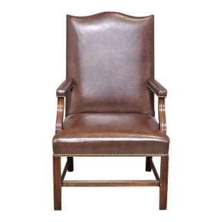 Mid 20th Century Southwood Brown Leather Mahogany Armchair Brass Nailhead Trim Made Hickory Nc For Sale