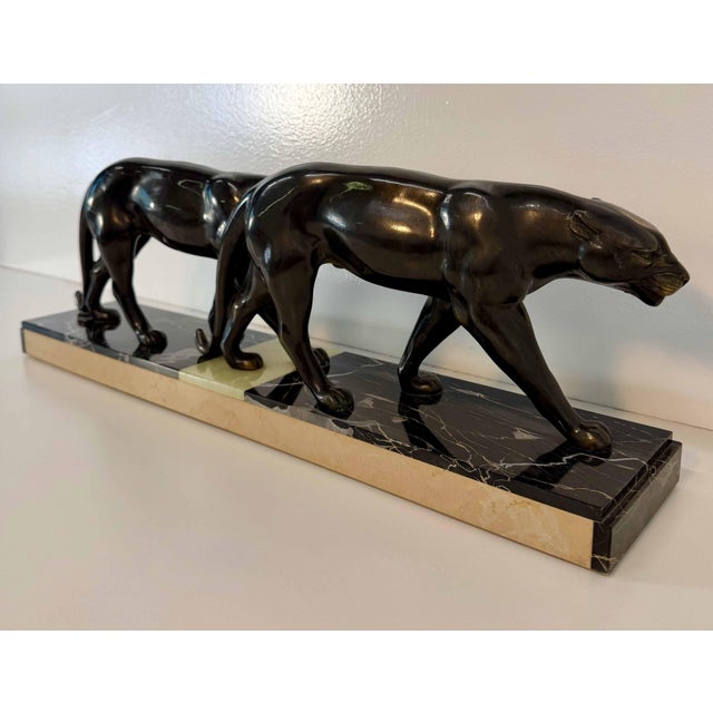 Maurice Font, French Art Deco Sculpture of Panthers, 1930s, Metal on Marble Base For Sale - Image 9 of 12