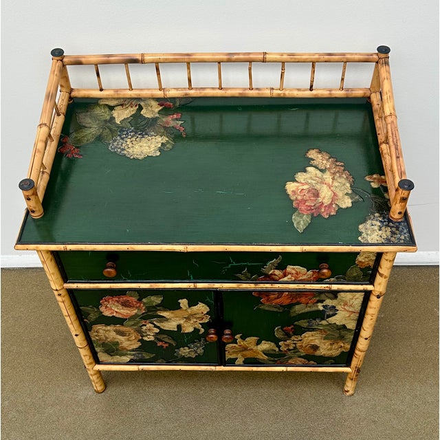 Dark Green Bamboo Cabinet, Decoupaged With Flowers, Circa 1990 For Sale - Image 8 of 16