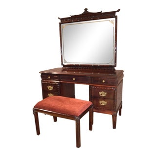1950s Vintage Asian Inspired Mahogany Vanity Desk & Bench - 2 Pieces For Sale