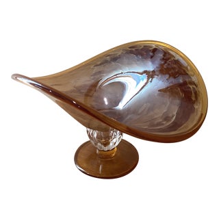 Vintage Large Hand Blown Iridescent Honey Amber Crystal Pedestal Bowl Murano Style Italy For Sale