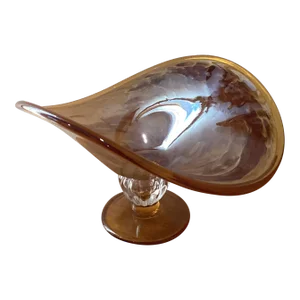 Vintage Large Hand Blown Iridescent Honey Amber Crystal Pedestal Bowl Murano Style Italy