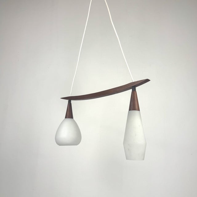 Mid-Century Modern Scandinavian Teak and White Glass Double Pendant Light, 1960s For Sale - Image 4 of 9