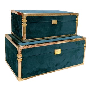 Teal Velvet Nesting Trunks- Pair For Sale