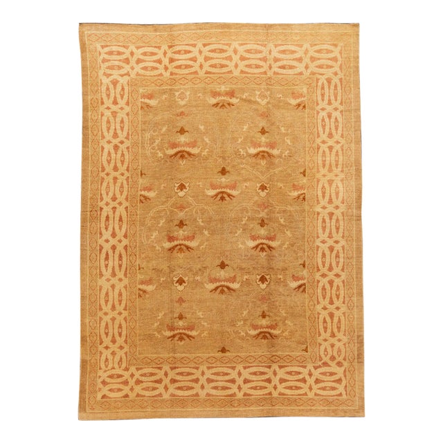 2010s Handmade Contemporary Oushak Wool Rug With Floral Pattern in Tan For Sale