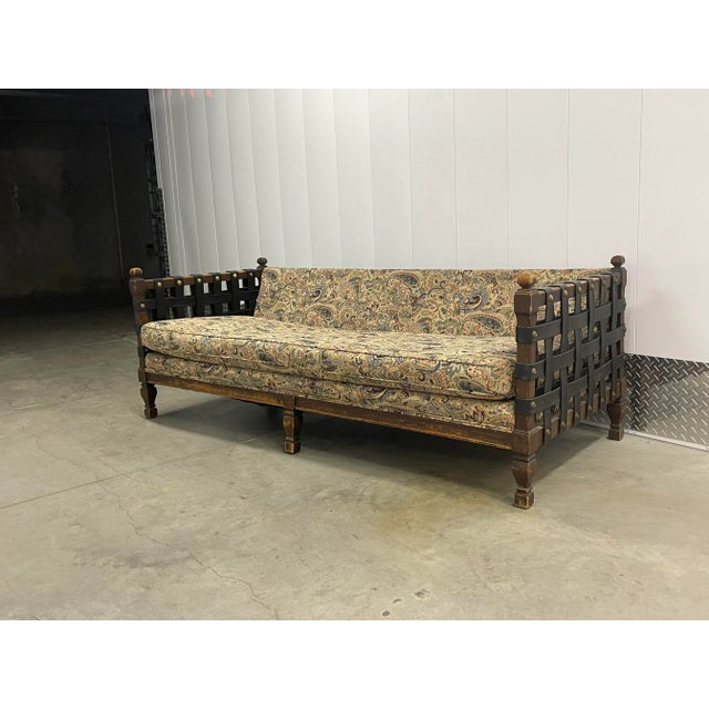 Wood Brutalist Woven Leather Strap Sofa For Sale - Image 7 of 8