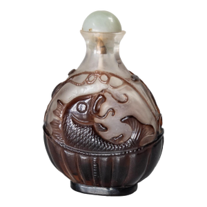 Early 20th Century Chinese Qing Dynasty Peking Glass Snuff Bottle With Koi or Carp Fish