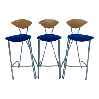 Set of Three Federico Giner Postmodern Gray Steel and Wood Back Bar Stools For Sale