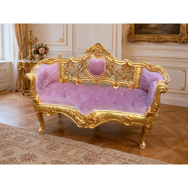 This striking late 20th-century French Louis XVI–style settee combines sculptural carved woodwork with sumptuous rose-pink...