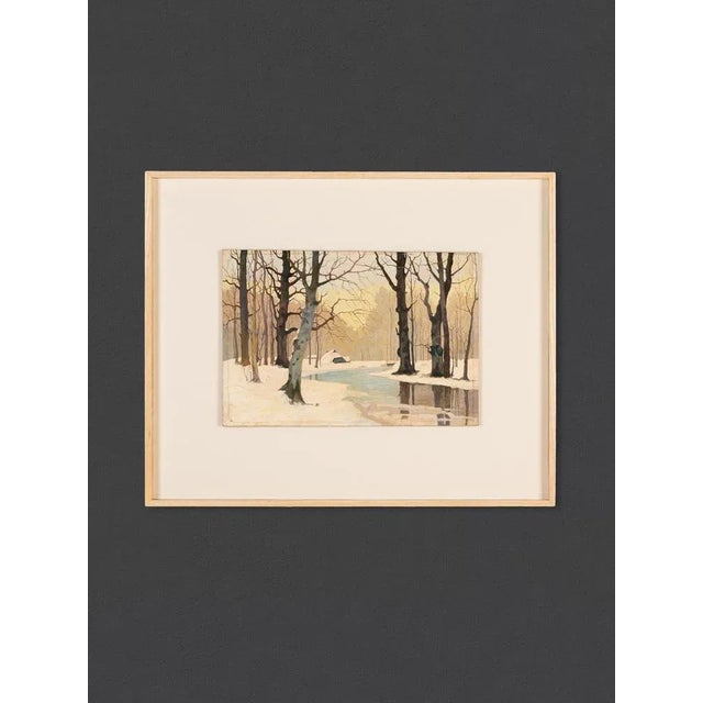 Depiction of a winter forest in bright colors with morning light play. Oil on panel. Early 20th century. The painting was...