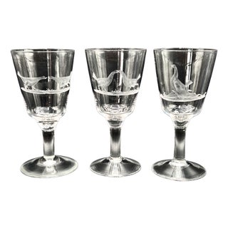 Antique Victorian Hand-Engraved Glass Wine Goblets with Wildlife Goose Scene, England, 1900s, Set of 3 For Sale