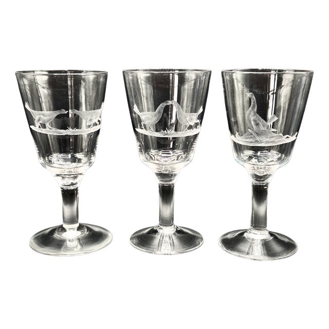 Antique Victorian Hand-Engraved Glass Wine Goblets with Wildlife Goose Scene, England, 1900s, Set of 3 For Sale