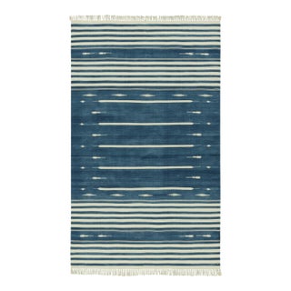 Rug & Kilim's Modern Dhurrie Rug in Blue with White Stripes & Geometric Patterns - 5x8 For Sale
