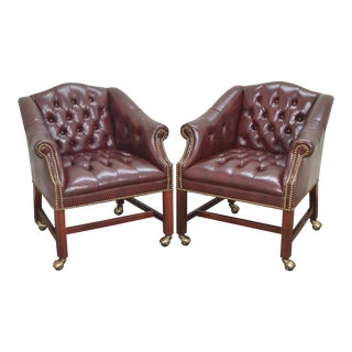 Georgian Style Tufted Oxblood Leather Chesterfield Club Chairs - a Pair For Sale