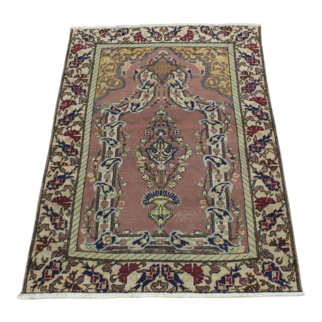 1970s Turkish Vintage Handmade Traditional Floral Design Hand Knotted Small Rug For Sale