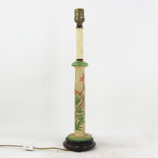 Chinoiserie Vintage Hand-Painted Candlestick Lamp With Chinoiserie Floral and Bamboo Motif For Sale - Image 3 of 11