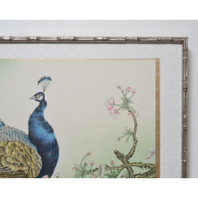Wood 20th C. Chinese Export Pair of Peacocks and Flowers Painting For Sale - Image 7 of 18