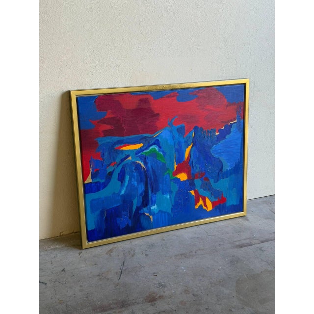 Vintage Abstract Painting by Karen Werliin – Framed Modern Expressionist Artwork – Blue Red Composition For Sale - Image 4 of 8
